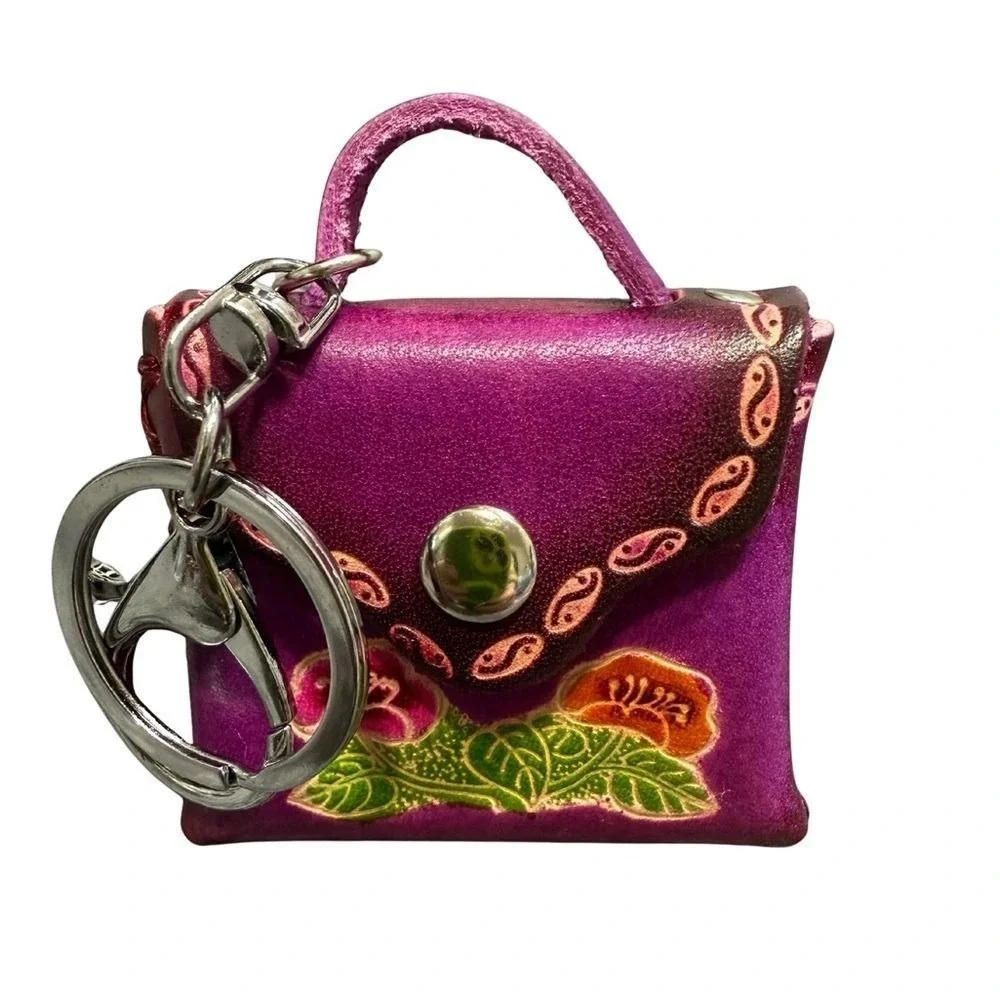 Artisan Purple Floral Leather‎ Keychain bag charm Coin purse NWOT